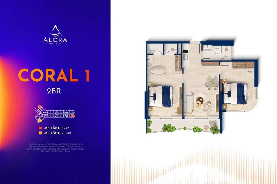 CORAL 1 — căn 2 phòng ngủ, tầng 8 đến 32